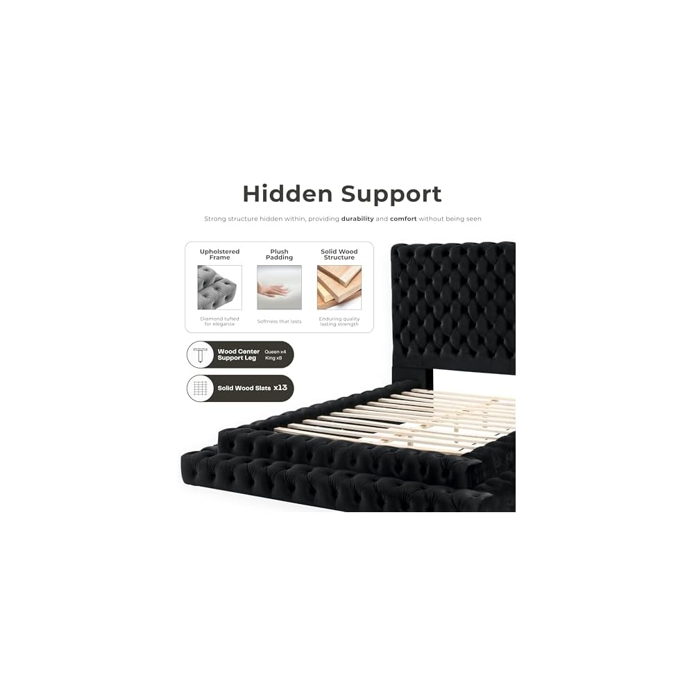 Furniture of America Sable Fabric Upholstered Step Up King-Size Platform Bed with Oversized Headboard, Deep Button Tufting, No Box Spring Required for Bedroom, Guest Room, Black