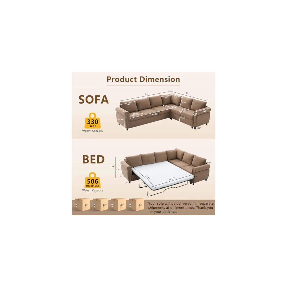 104'' Pull Out Couch, Convertible Sleeper Sofa Bed Queen, Upholstered Sectional Sofa with Mattress, 6-Seater L-Shaped Couch, Modern Sectional Couches for Living Room, Apartment, Studio,Brown