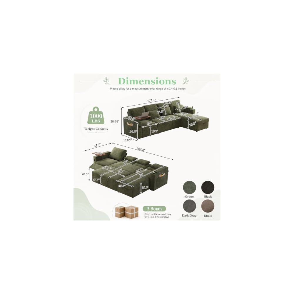 107.8-Inch L-Shaped Pull Out Sofa Bed with Power Reclining Seat, Convertible Sleeper Sofa with Storage Chaise & Foldable Table & USB Port & Cup Holders, Sectional Couches for Living Room,Green