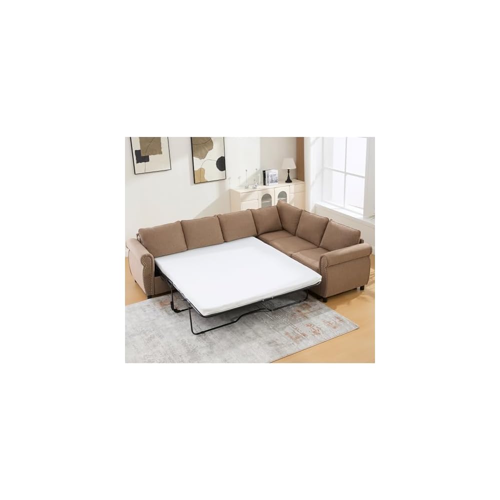 104'' Pull Out Couch, Convertible Sleeper Sofa Bed Queen, Upholstered Sectional Sofa with Mattress, 6-Seater L-Shaped Couch, Modern Sectional Couches for Living Room, Apartment, Studio,Brown