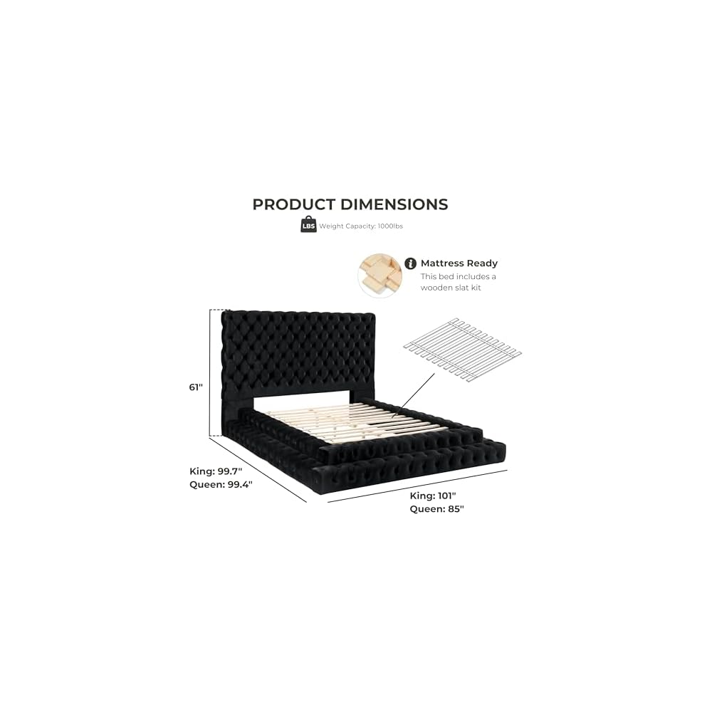Furniture of America Sable Fabric Upholstered Step Up King-Size Platform Bed with Oversized Headboard, Deep Button Tufting, No Box Spring Required for Bedroom, Guest Room, Black