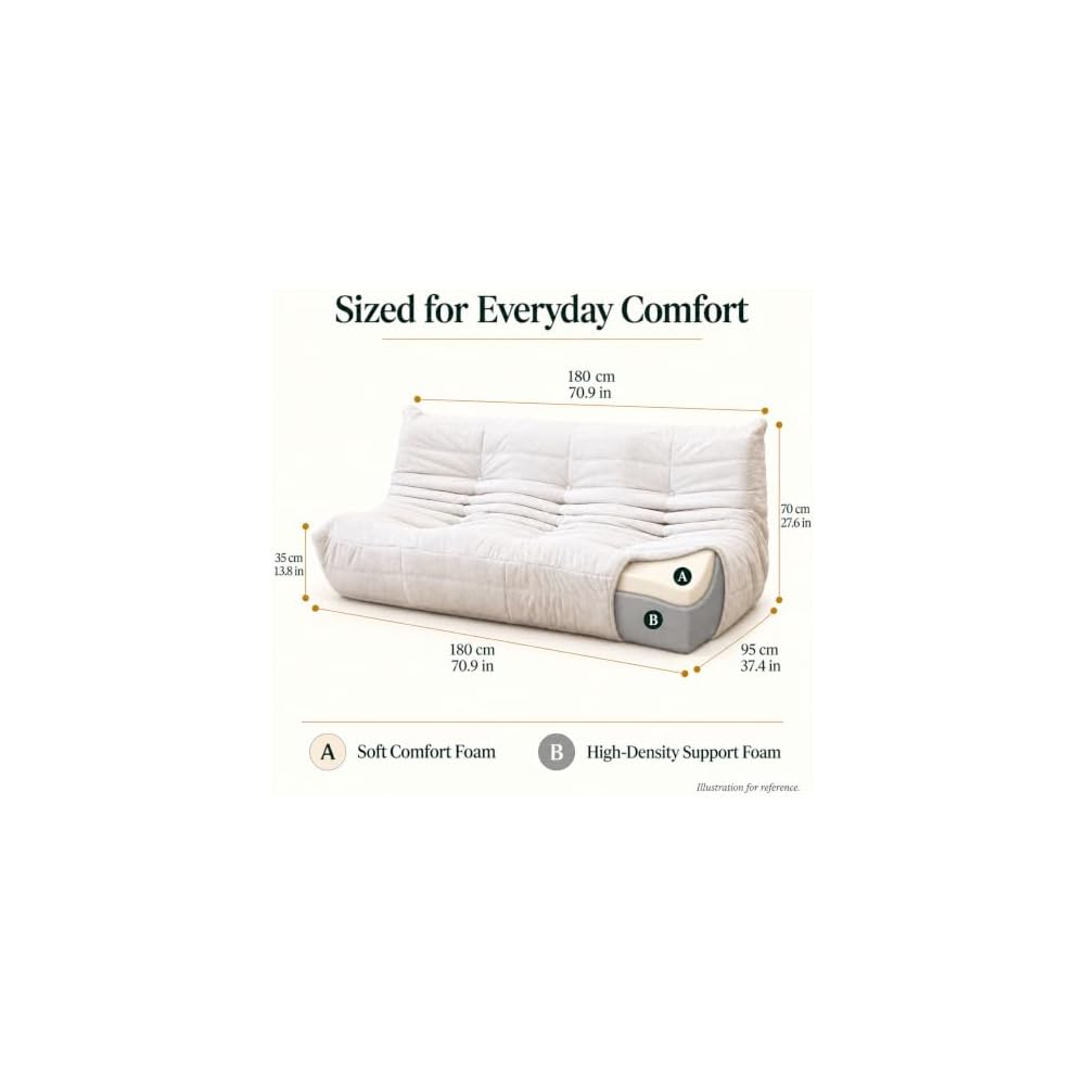 N&V Fireside Chair, Mid Century Armless Floor Sofa, Soft Premium Chenille Floor Lounge Chair, Foam Sofa Accent Chair for Living Room Bedroom and Office (White, Three Seater)