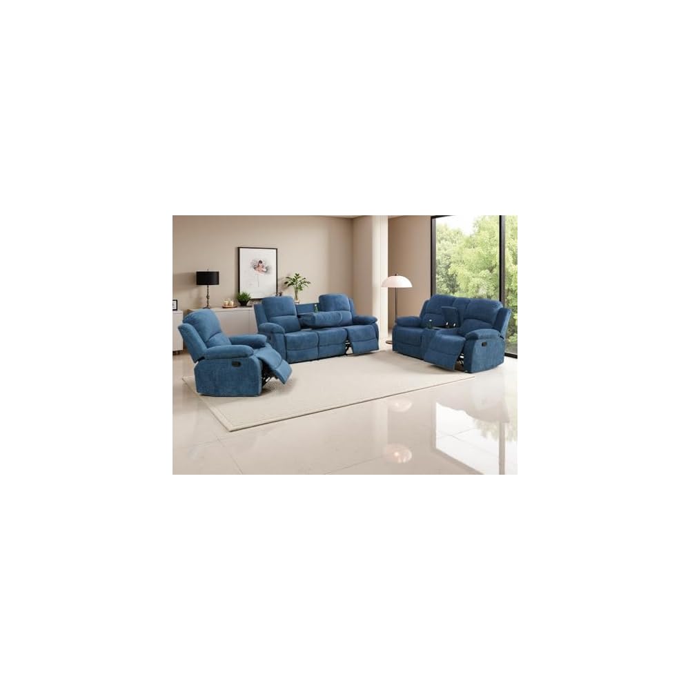 Fabric Recliner Sofa Set - Modern Manual Reclining Living Room Furniture With Cup Holders & Storage Console (Blue, 3 PCS Set)