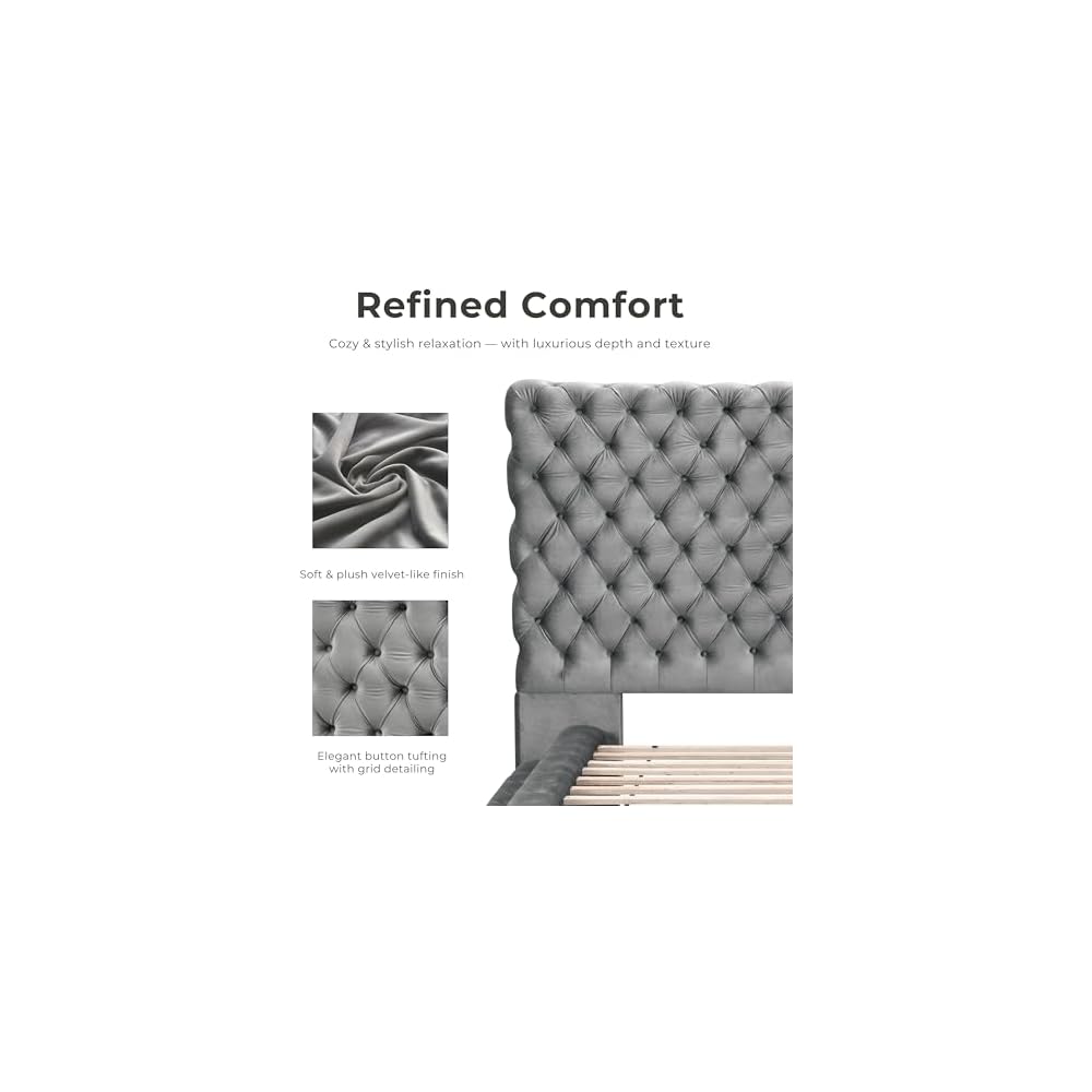 Furniture of America Sable Fabric Upholstered Step Up King-Size Platform Bed with Oversized Headboard, Deep Button Tufting, No Box Spring Required for Bedroom, Guest Room, Black