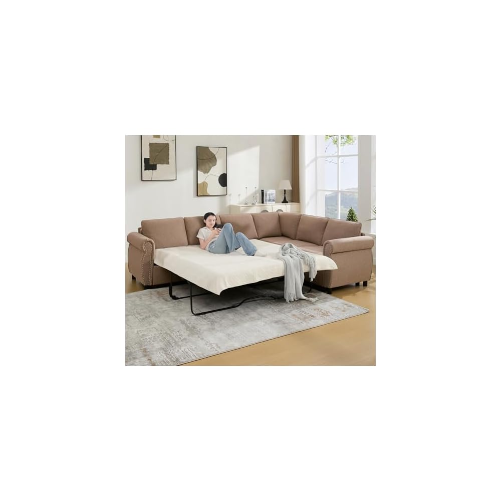 104'' Pull Out Couch, Convertible Sleeper Sofa Bed Queen, Upholstered Sectional Sofa with Mattress, 6-Seater L-Shaped Couch, Modern Sectional Couches for Living Room, Apartment, Studio,Brown