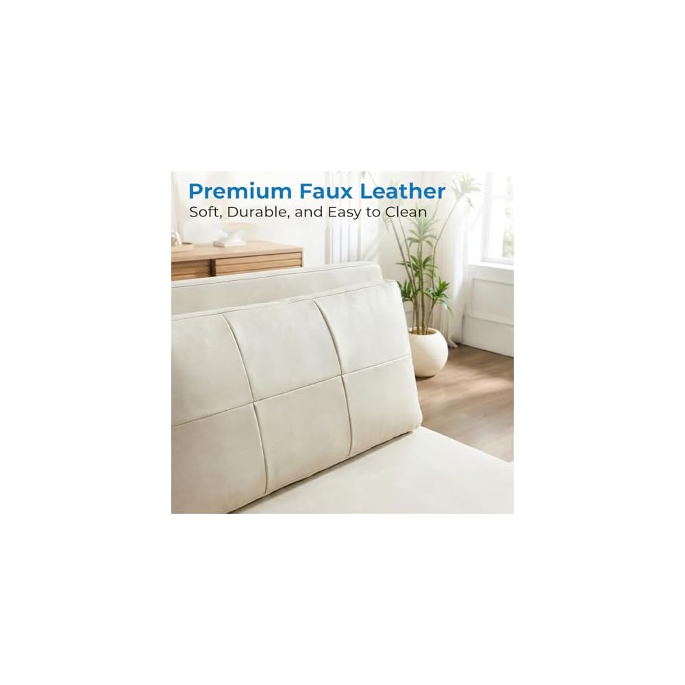 Mjkone Queen Size Pull Out Sofa Bed, 3-in-1 Sleeper Couch Beds, 64” Faux Leather Convertible Sleeper Pull Out Sofa Couch Bed with Side Pockets, Pillows for Guest Room, Bedroom, Small Space, Beige