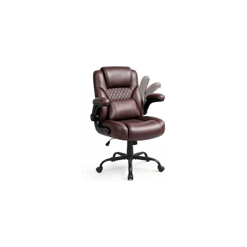 PU Office Chair Flip-up Arms Silent Wheels Desk Chair Home Apartment Brown