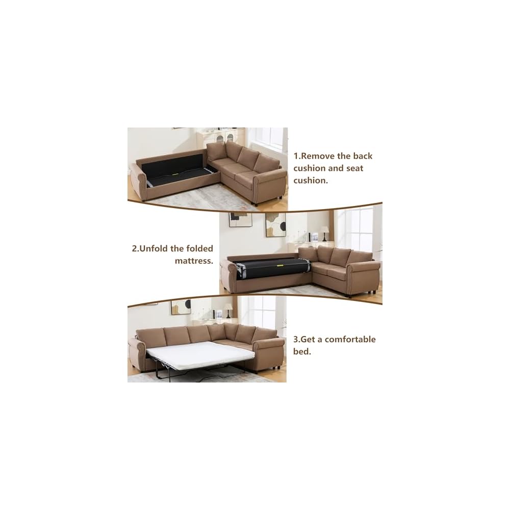 104'' Pull Out Couch, Convertible Sleeper Sofa Bed Queen, Upholstered Sectional Sofa with Mattress, 6-Seater L-Shaped Couch, Modern Sectional Couches for Living Room, Apartment, Studio,Brown