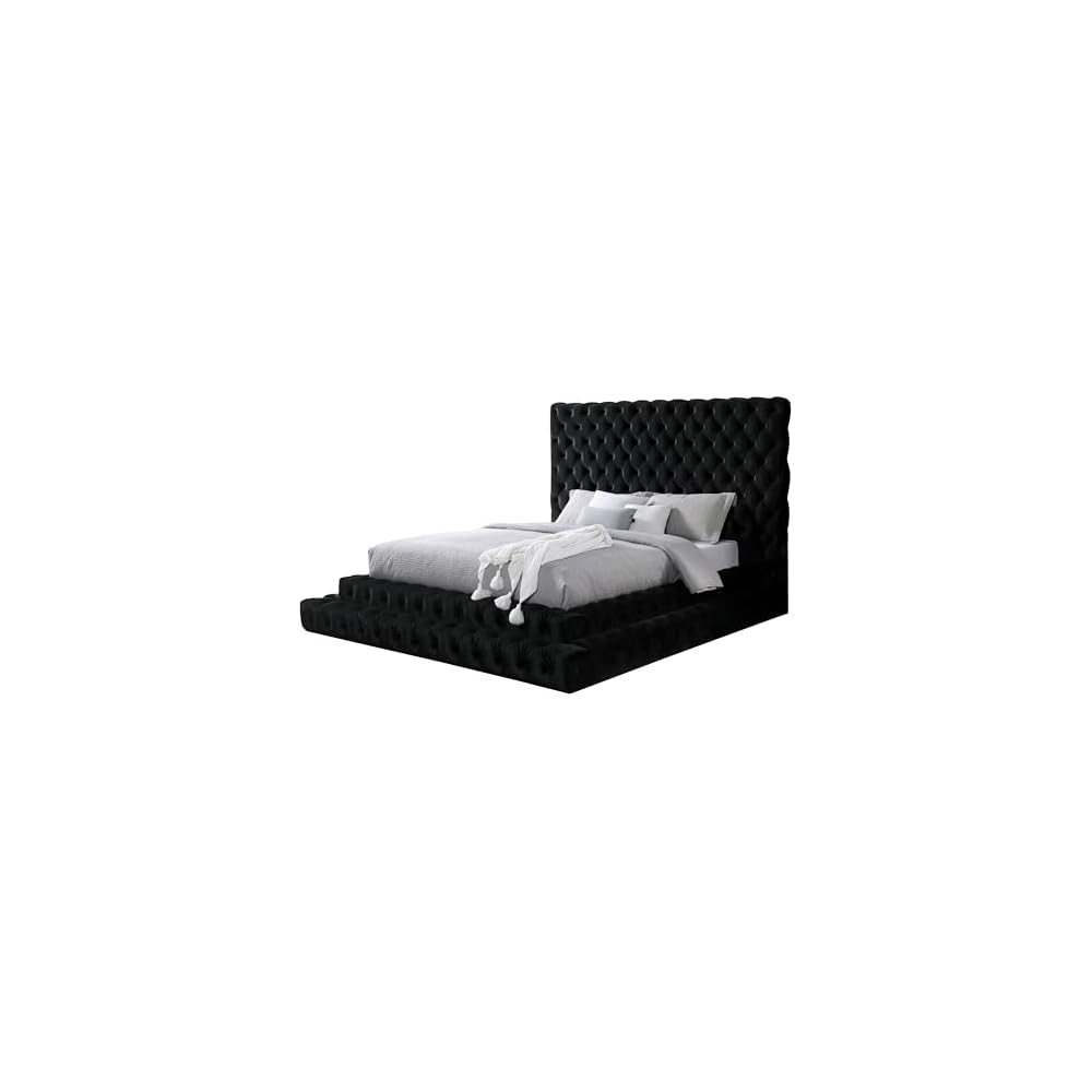 Furniture of America Sable Fabric Upholstered Step Up King-Size Platform Bed with Oversized Headboard, Deep Button Tufting, No Box Spring Required for Bedroom, Guest Room, Black