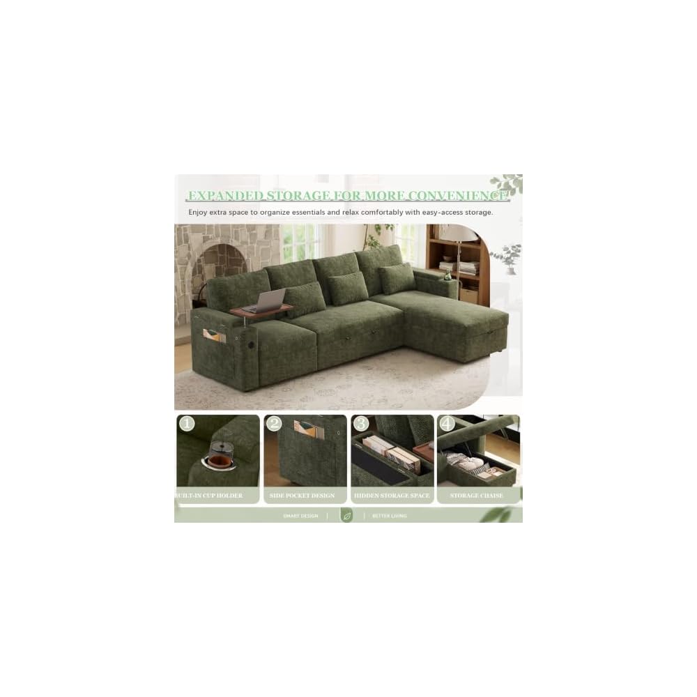 107.8-Inch L-Shaped Pull Out Sofa Bed with Power Reclining Seat, Convertible Sleeper Sofa with Storage Chaise & Foldable Table & USB Port & Cup Holders, Sectional Couches for Living Room,Green