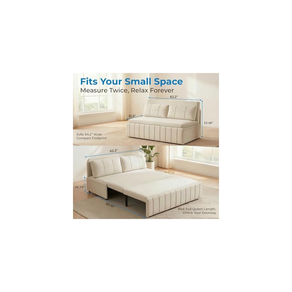 Mjkone Queen Size Pull Out Sofa Bed, 3-in-1 Sleeper Couch Beds, 64” Faux Leather Convertible Sleeper Pull Out Sofa Couch Bed with Side Pockets, Pillows for Guest Room, Bedroom, Small Space, Beige