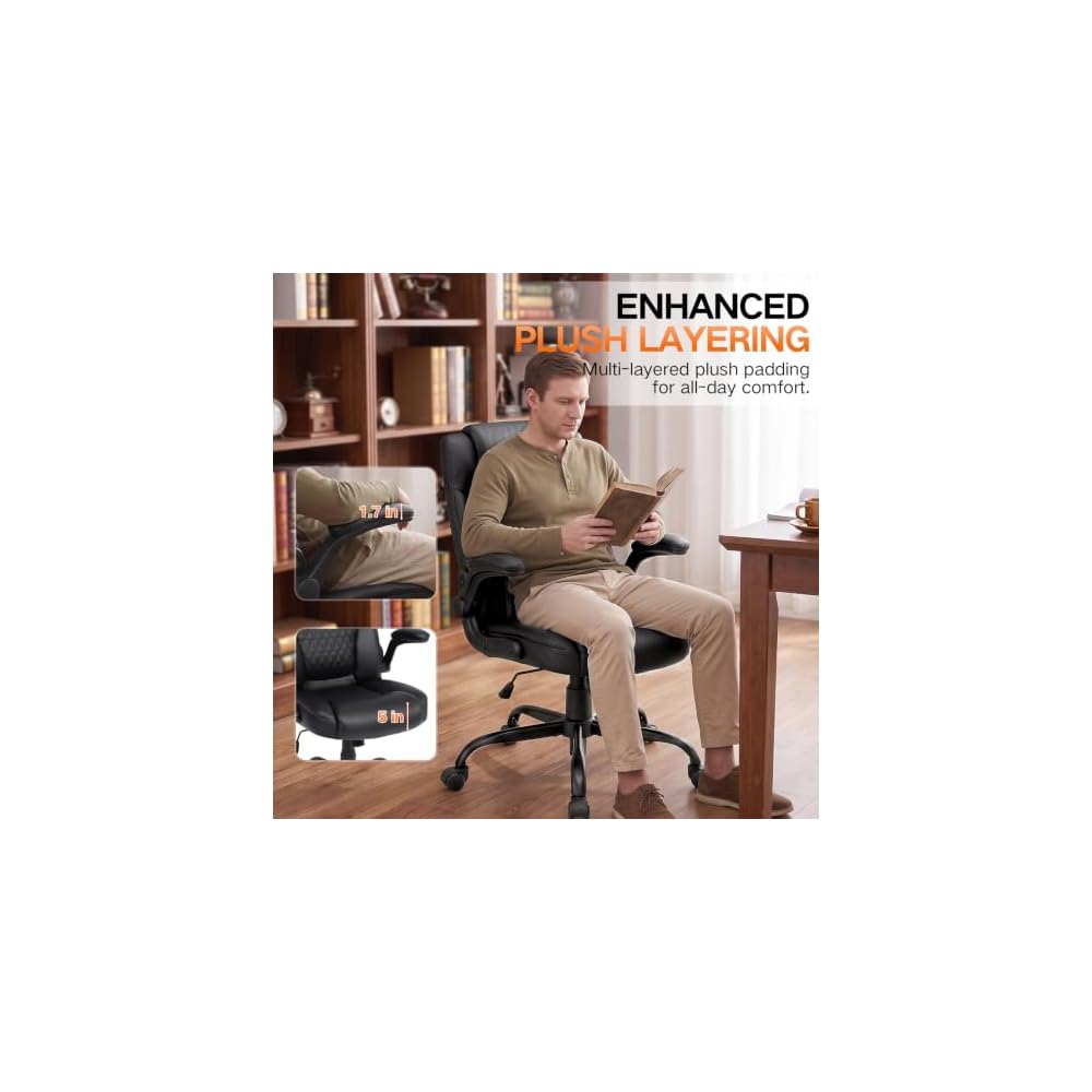PU Office Chair Flip-up Arms Silent Wheels Desk Chair Home Apartment Brown
