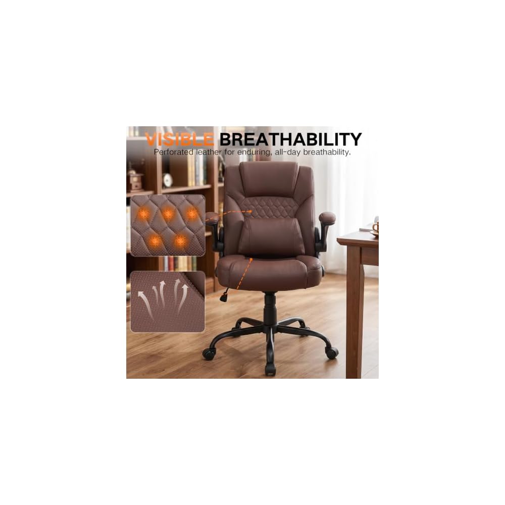 PU Office Chair Flip-up Arms Silent Wheels Desk Chair Home Apartment Brown