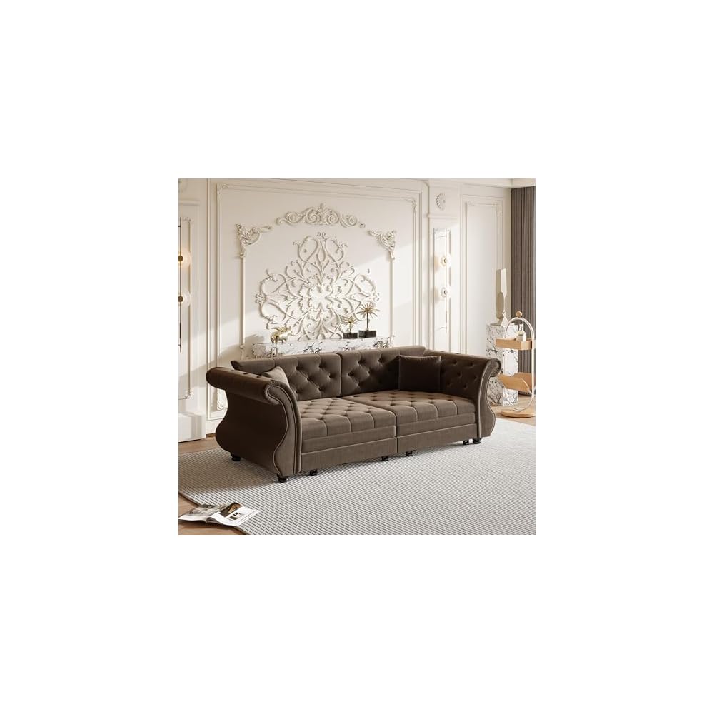 Sleeper Sofa Bed 83.6", Velvet Pull Out Couch, Chesterfield Sofa, Brown