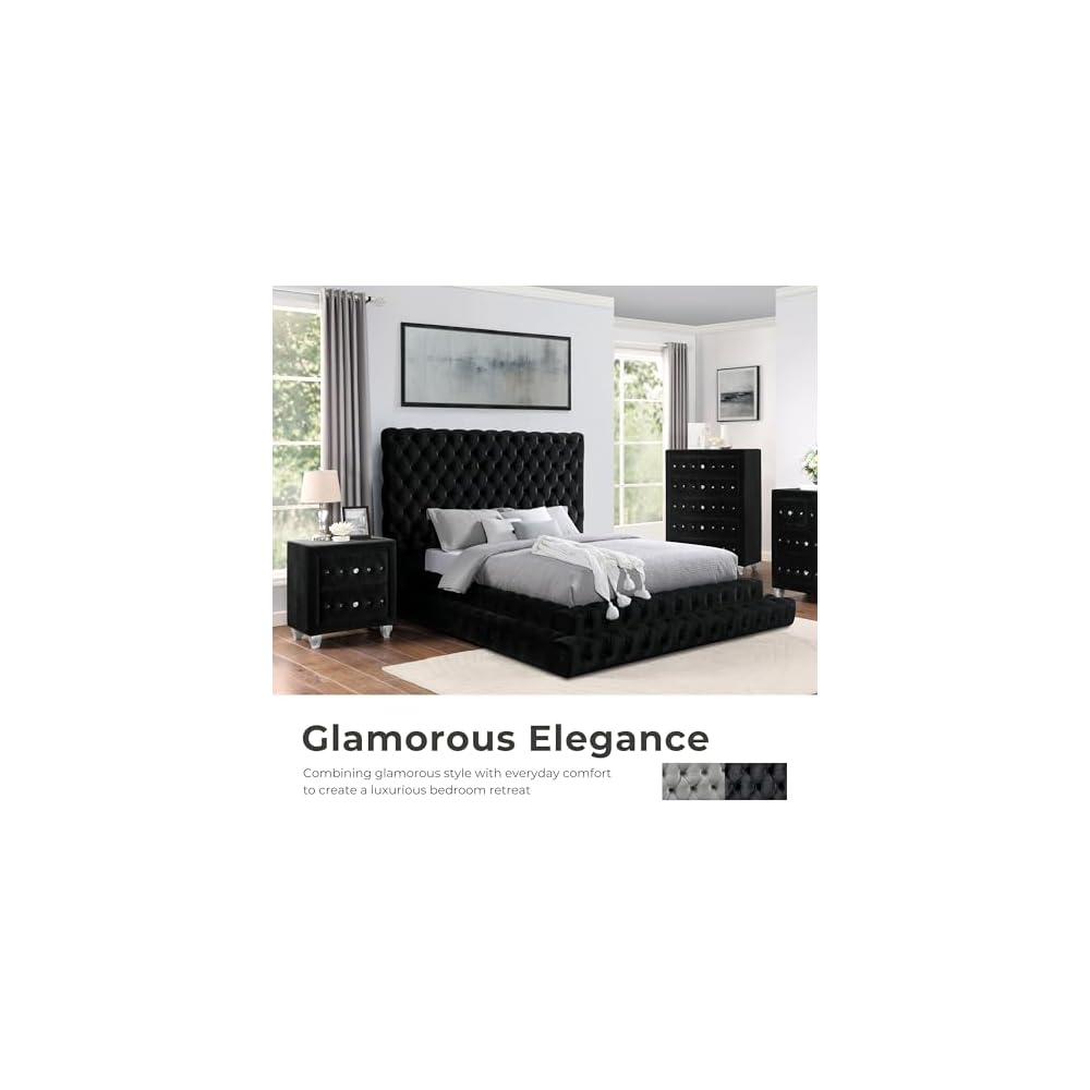 Furniture of America Sable Fabric Upholstered Step Up King-Size Platform Bed with Oversized Headboard, Deep Button Tufting, No Box Spring Required for Bedroom, Guest Room, Black