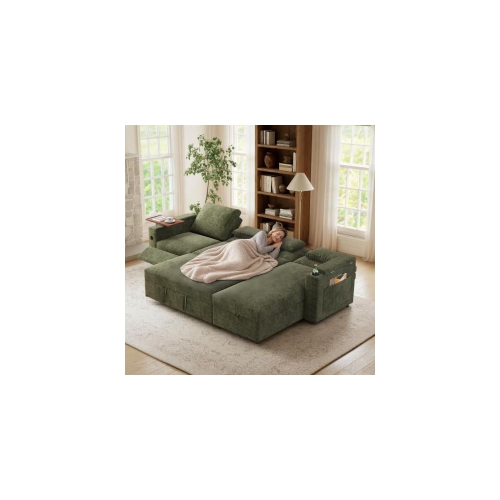 107.8-Inch L-Shaped Pull Out Sofa Bed with Power Reclining Seat, Convertible Sleeper Sofa with Storage Chaise & Foldable Table & USB Port & Cup Holders, Sectional Couches for Living Room,Green