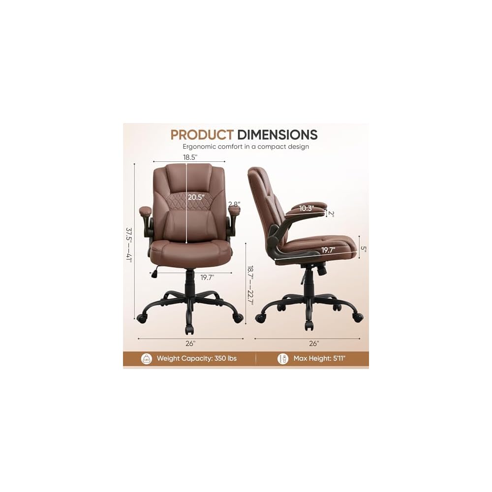 PU Office Chair Flip-up Arms Silent Wheels Desk Chair Home Apartment Brown