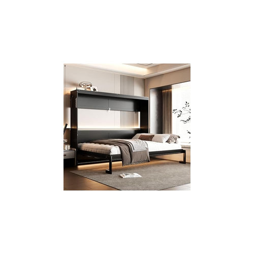 Ball & Cast Side-Folding Murphy Bed Queen Size,Murphy Bed with Trendy Printed Pattern,ED Under-Bed Lighting & Built-in USB Outlet,Space-Saving Design,for Bedroom Apartment,Black