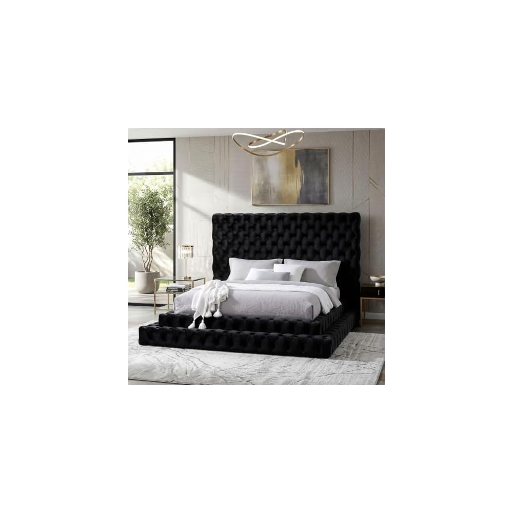 Furniture of America Sable Fabric Upholstered Step Up King-Size Platform Bed with Oversized Headboard, Deep Button Tufting, No Box Spring Required for Bedroom, Guest Room, Black