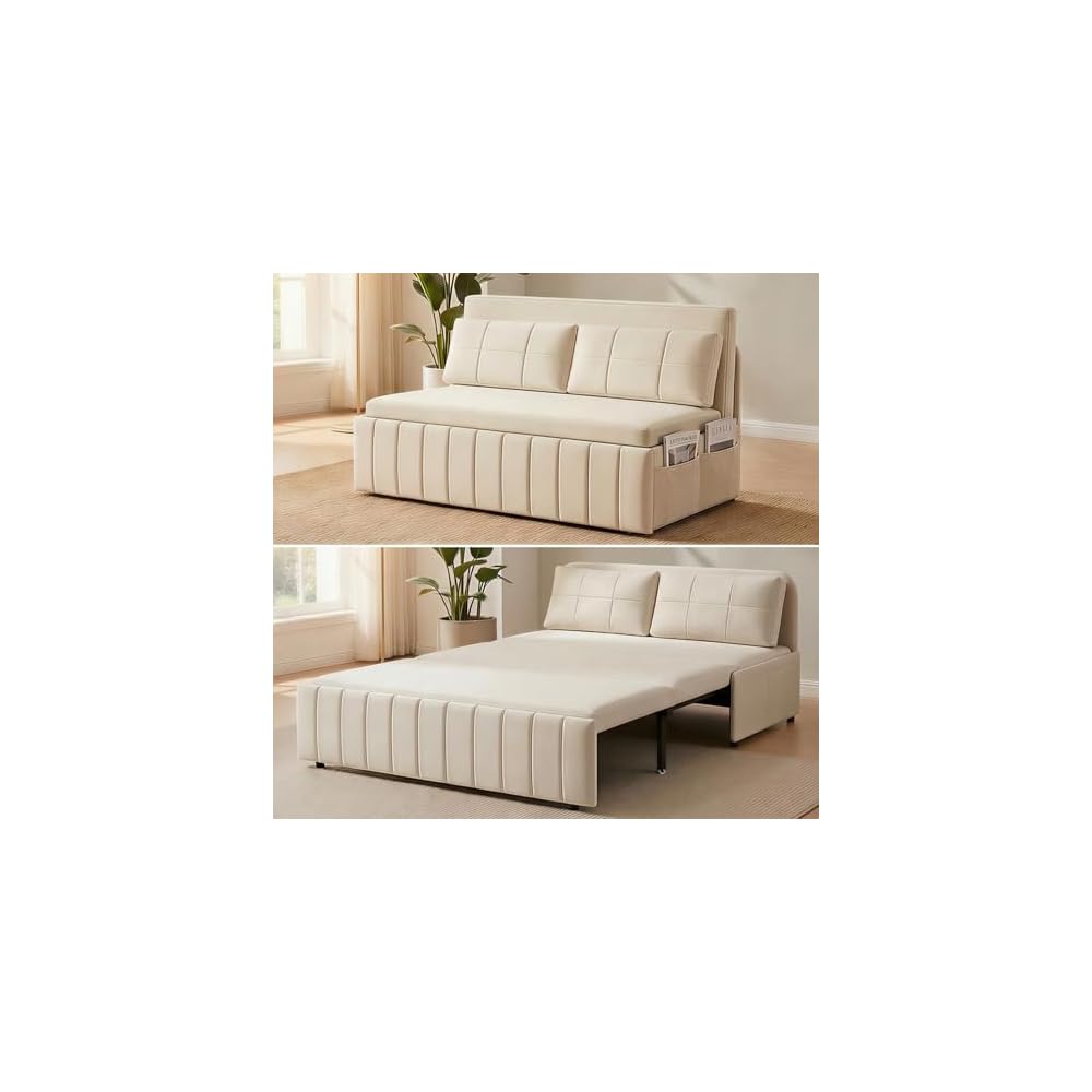 Mjkone Queen Size Pull Out Sofa Bed, 3-in-1 Sleeper Couch Beds, 64” Faux Leather Convertible Sleeper Pull Out Sofa Couch Bed with Side Pockets, Pillows for Guest Room, Bedroom, Small Space, Beige