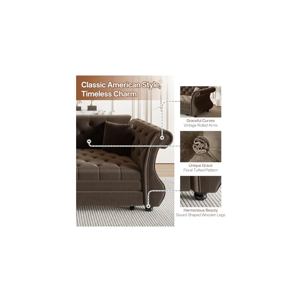 Sleeper Sofa Bed 83.6", Velvet Pull Out Couch, Chesterfield Sofa, Brown