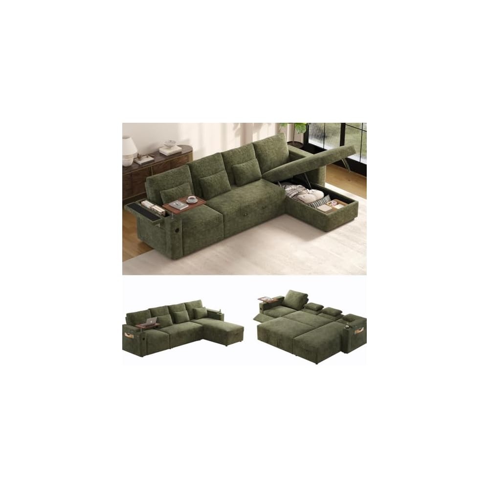 107.8-Inch L-Shaped Pull Out Sofa Bed with Power Reclining Seat, Convertible Sleeper Sofa with Storage Chaise & Foldable Table & USB Port & Cup Holders, Sectional Couches for Living Room,Green