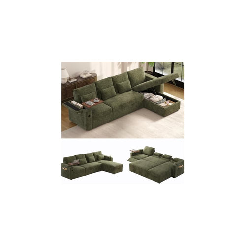 107.8-Inch L-Shaped Pull Out Sofa Bed with Power Reclining Seat, Convertible Sleeper Sofa with Storage Chaise & Foldable Table & USB Port & Cup Holders, Sectional Couches for Living Room,Green