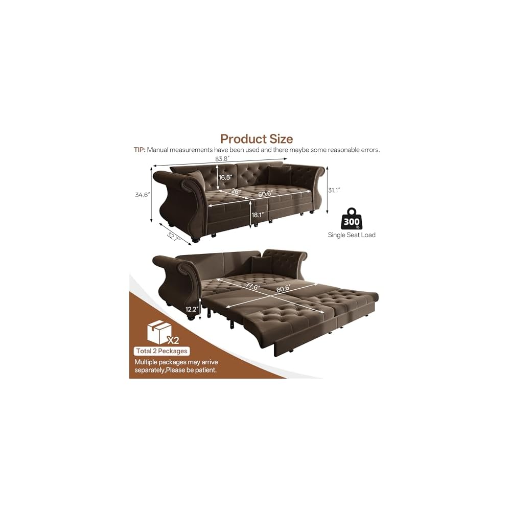 Sleeper Sofa Bed 83.6", Velvet Pull Out Couch, Chesterfield Sofa, Brown