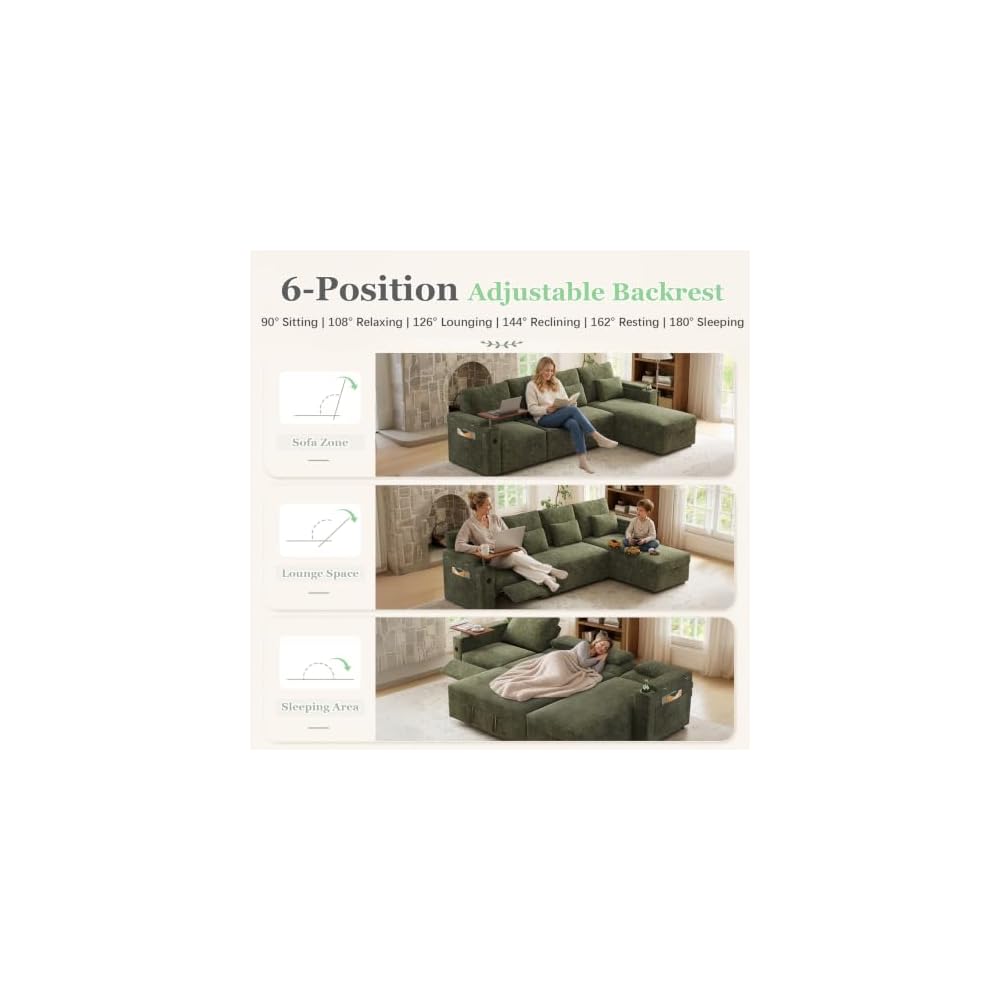 107.8-Inch L-Shaped Pull Out Sofa Bed with Power Reclining Seat, Convertible Sleeper Sofa with Storage Chaise & Foldable Table & USB Port & Cup Holders, Sectional Couches for Living Room,Green