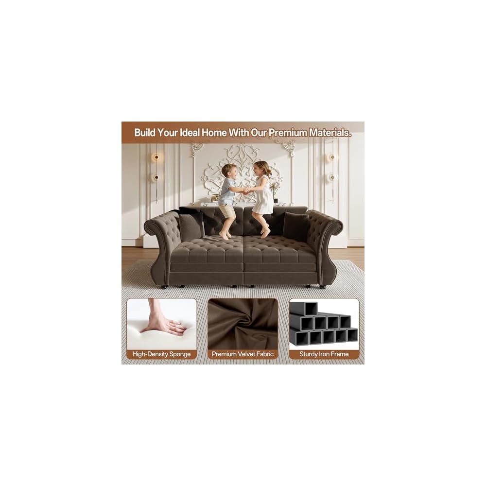 Sleeper Sofa Bed 83.6", Velvet Pull Out Couch, Chesterfield Sofa, Brown