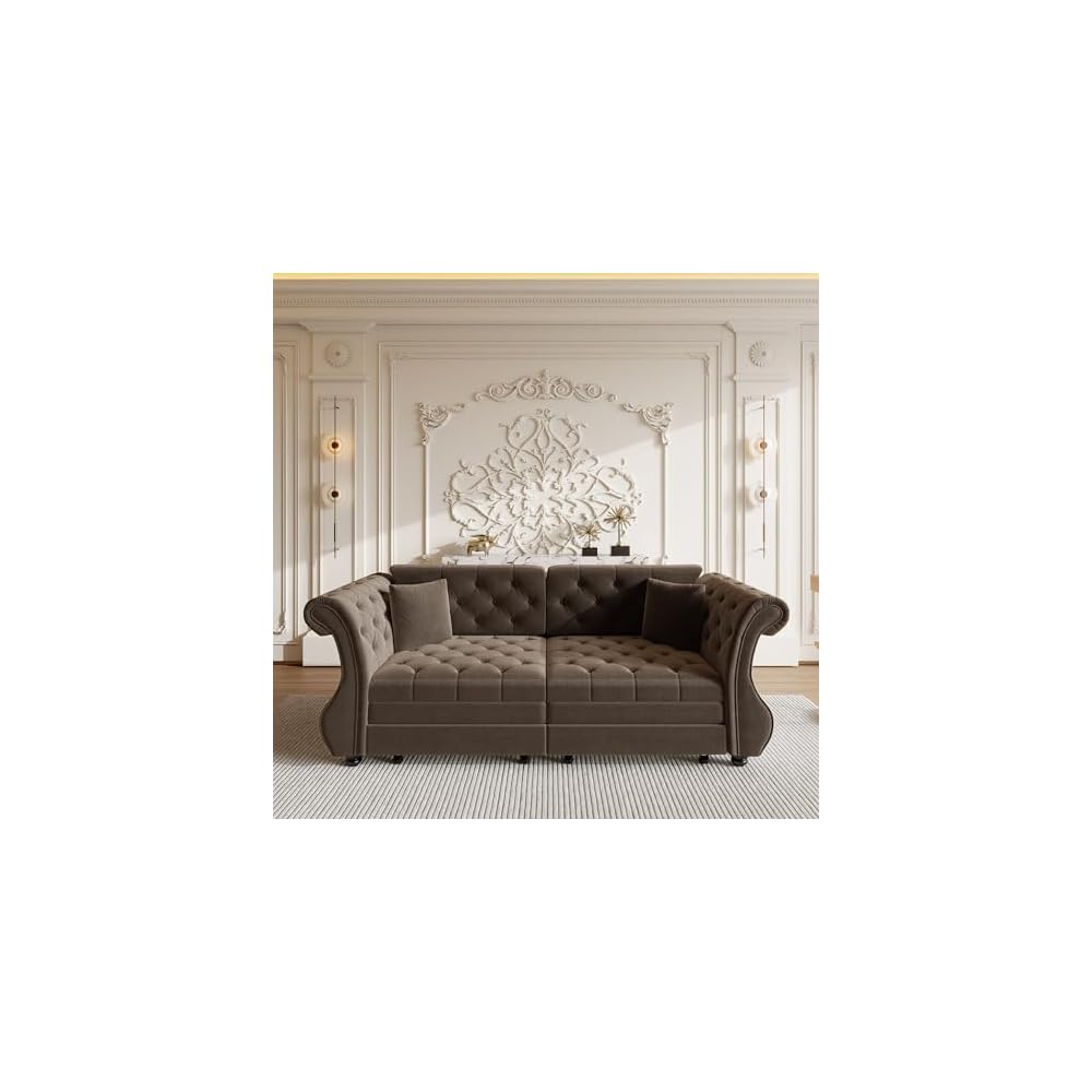 Sleeper Sofa Bed 83.6", Velvet Pull Out Couch, Chesterfield Sofa, Brown