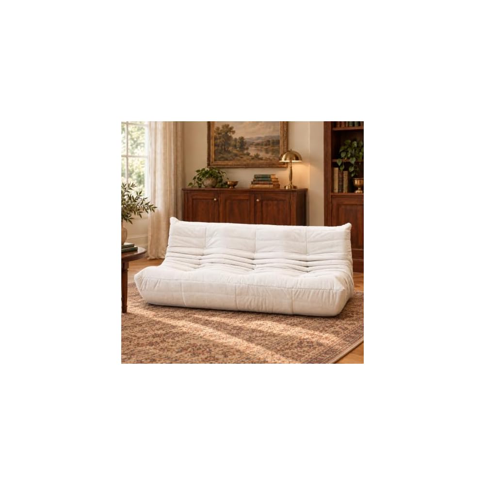 N&V Fireside Chair, Mid Century Armless Floor Sofa, Soft Premium Chenille Floor Lounge Chair, Foam Sofa Accent Chair for Living Room Bedroom and Office (White, Three Seater)