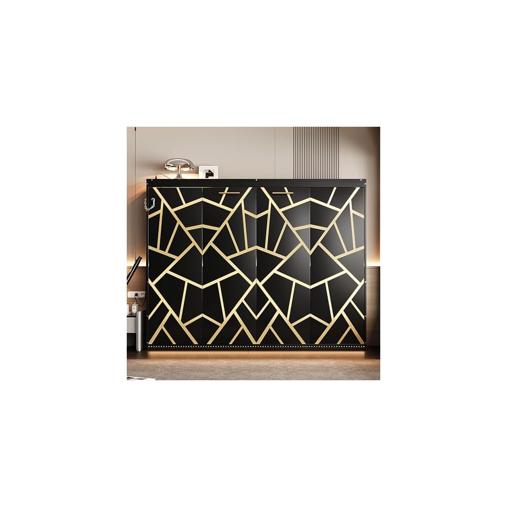 Ball & Cast Side-Folding Murphy Bed Queen Size,Murphy Bed with Trendy Printed Pattern,ED Under-Bed Lighting & Built-in USB Outlet,Space-Saving Design,for Bedroom Apartment,Black