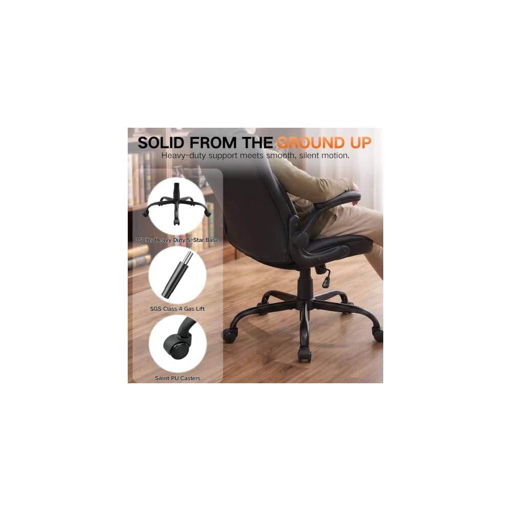 PU Office Chair Flip-up Arms Silent Wheels Desk Chair Home Apartment Brown