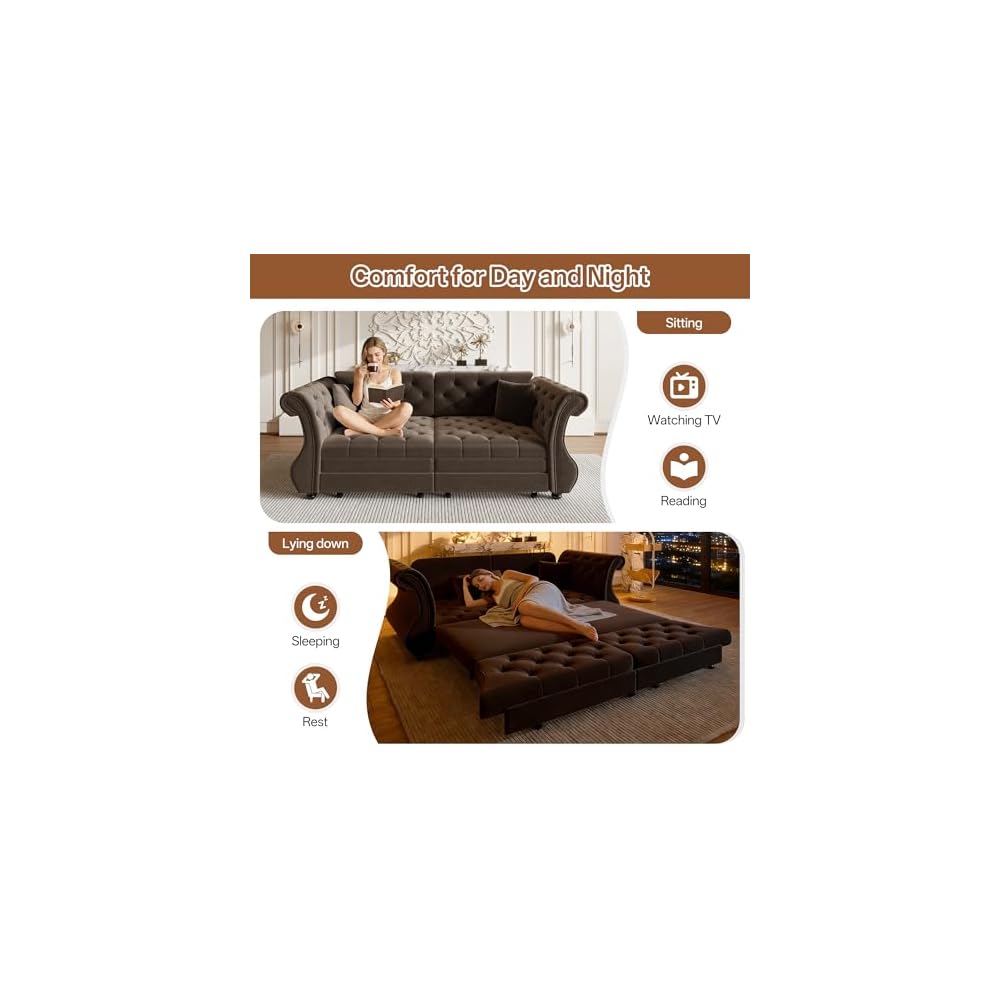 Sleeper Sofa Bed 83.6", Velvet Pull Out Couch, Chesterfield Sofa, Brown