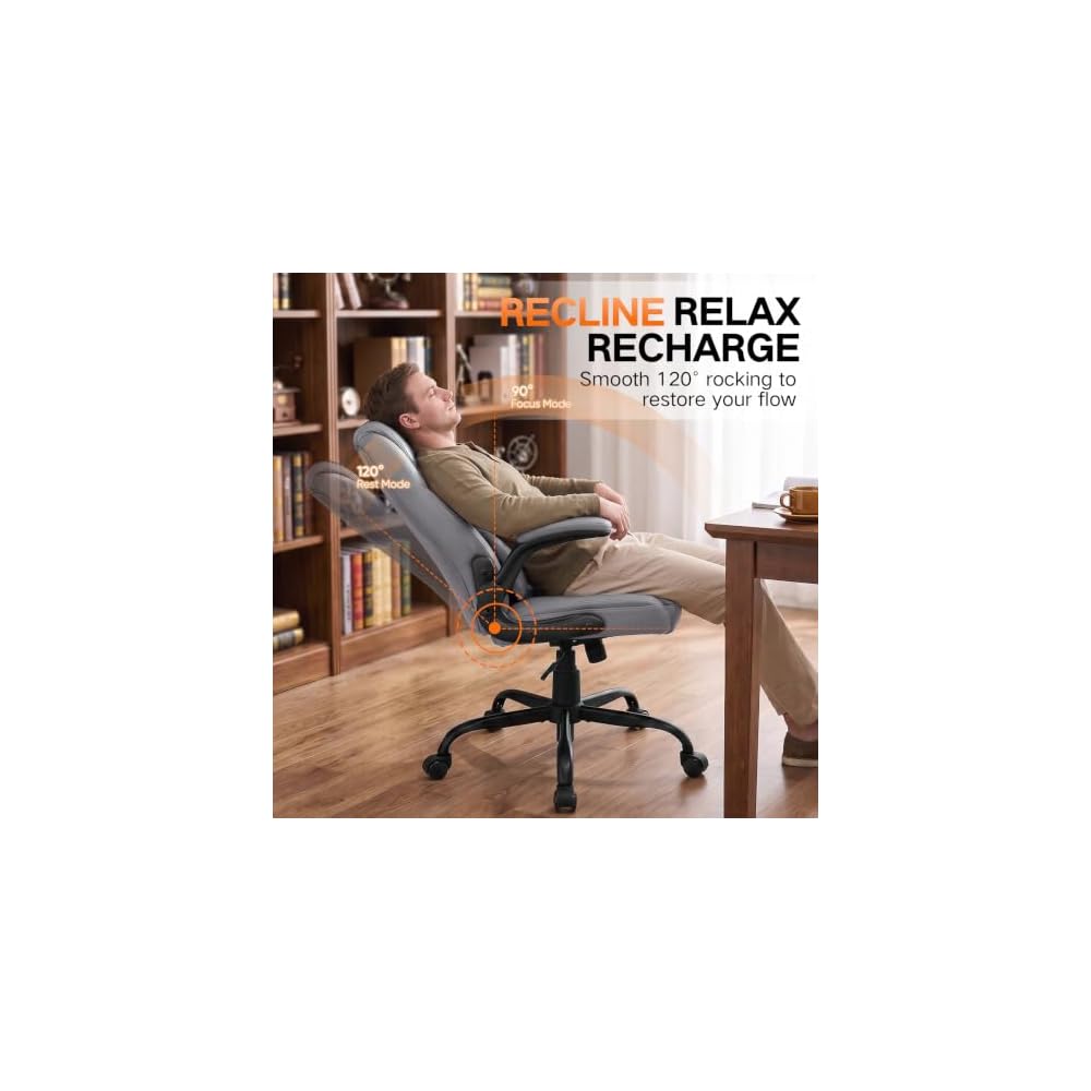 PU Office Chair Flip-up Arms Silent Wheels Desk Chair Home Apartment Brown