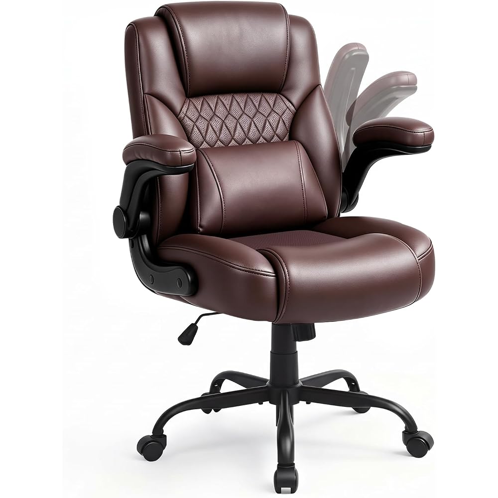 PU Office Chair Flip-up Arms Silent Wheels Desk Chair Home Apartment Brown