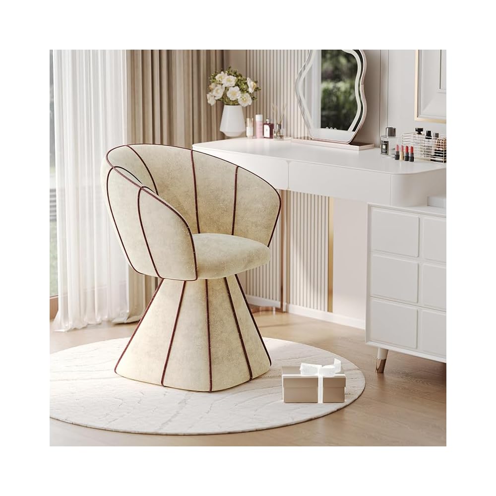 Modern Swivel Vanity Chair, Upholstered Petal Accent Chair for Makeup Desk, Cream Bouclé Dressing Chair with Backrest for Bedroom, Living Room, Salon Seating (White)