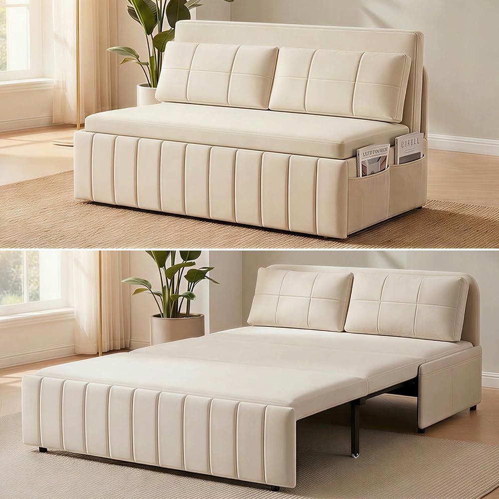 Mjkone Queen Size Pull Out Sofa Bed, 3-in-1 Sleeper Couch Beds, 64” Faux Leather Convertible Sleeper Pull Out Sofa Couch Bed with Side Pockets, Pillows for Guest Room, Bedroom, Small Space, Beige