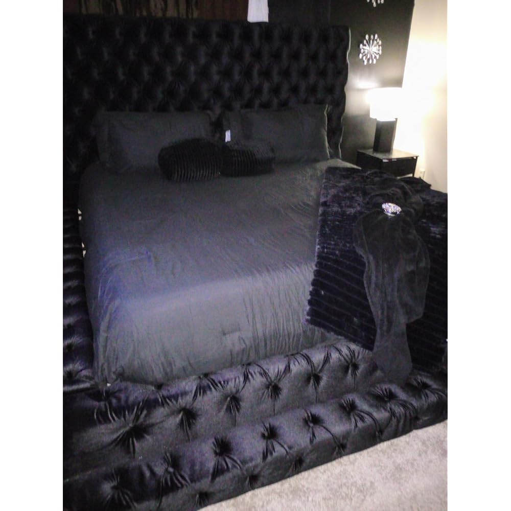 Furniture of America Sable Fabric Upholstered Step Up King-Size Platform Bed with Oversized Headboard, Deep Button Tufting, No Box Spring Required for Bedroom, Guest Room, Black