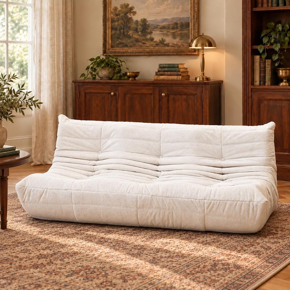 N&V Fireside Chair, Mid Century Armless Floor Sofa, Soft Premium Chenille Floor Lounge Chair, Foam Sofa Accent Chair for Living Room Bedroom and Office (White, Three Seater)