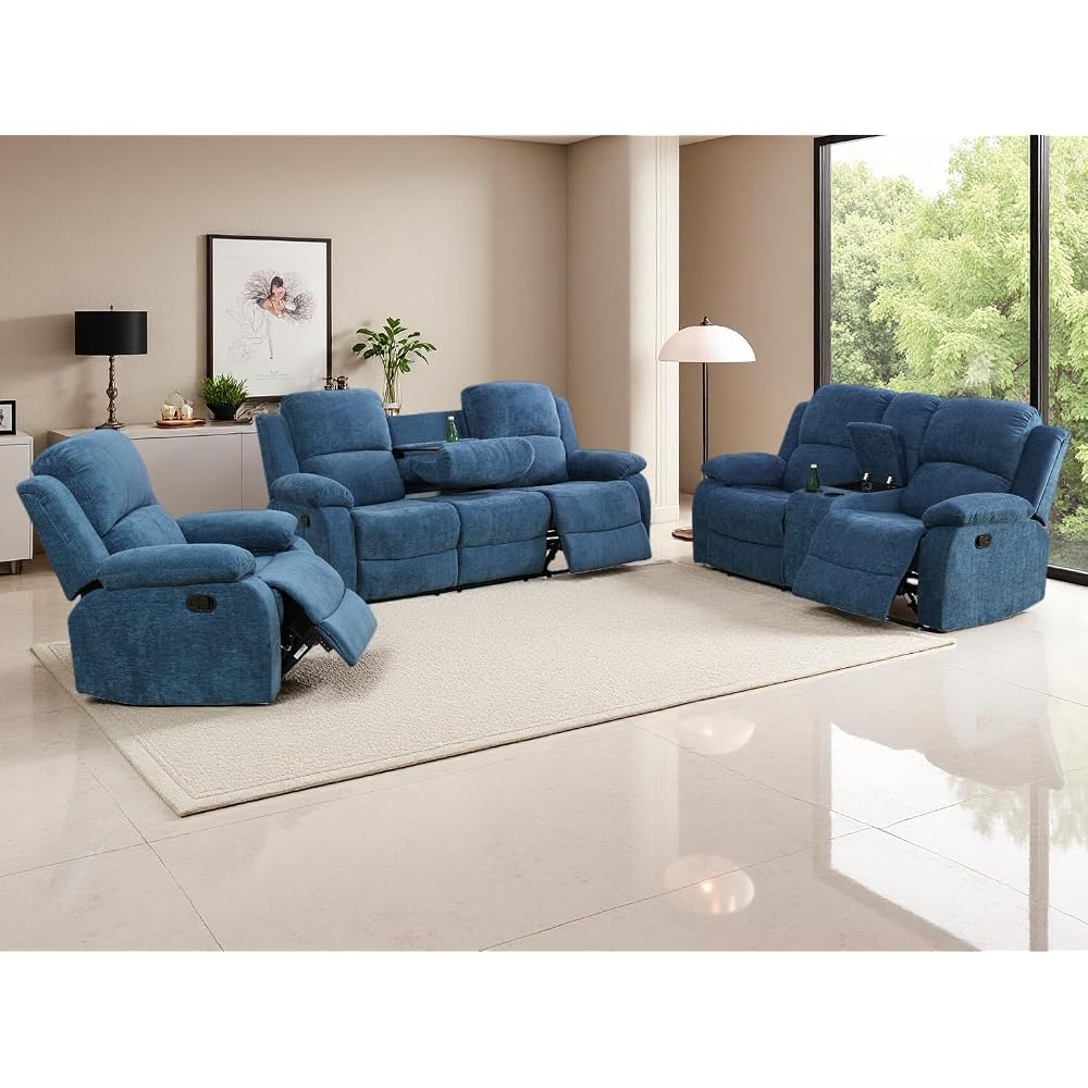 Fabric Recliner Sofa Set - Modern Manual Reclining Living Room Furniture With Cup Holders & Storage Console (Blue, 3 PCS Set)