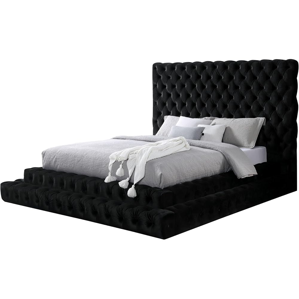 Furniture of America Sable Fabric Upholstered Step Up King-Size Platform Bed with Oversized Headboard, Deep Button Tufting, No Box Spring Required for Bedroom, Guest Room, Black