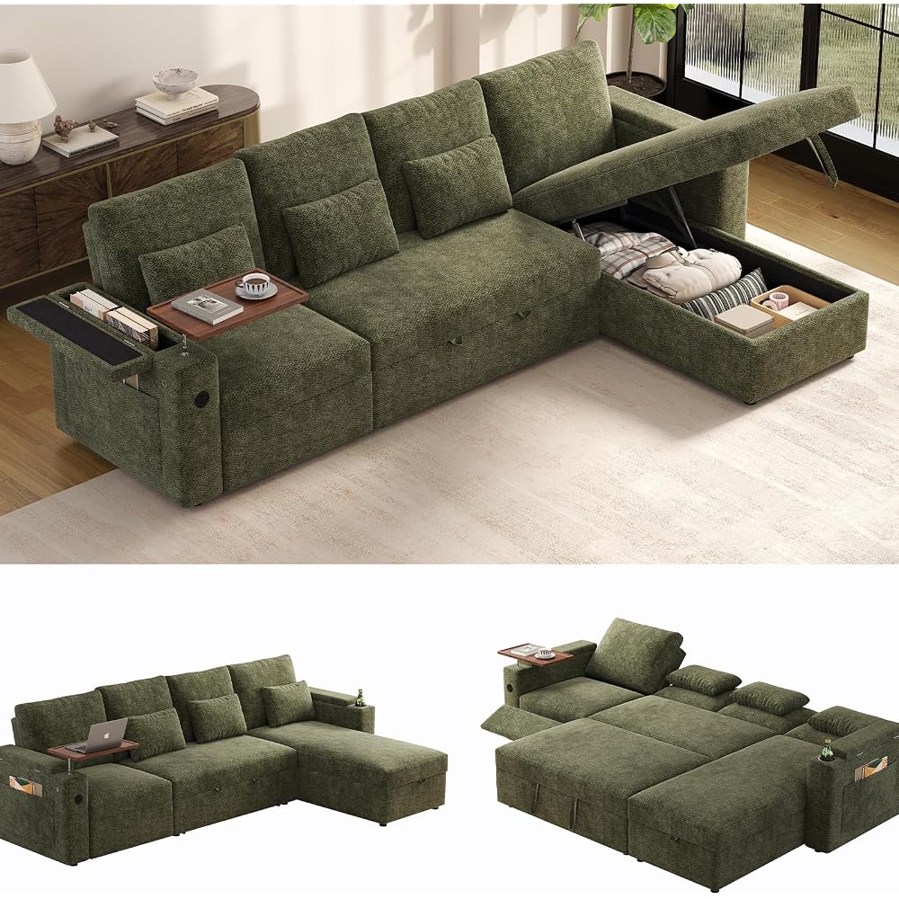 107.8-Inch L-Shaped Pull Out Sofa Bed with Power Reclining Seat, Convertible Sleeper Sofa with Storage Chaise & Foldable Table & USB Port & Cup Holders, Sectional Couches for Living Room,Green