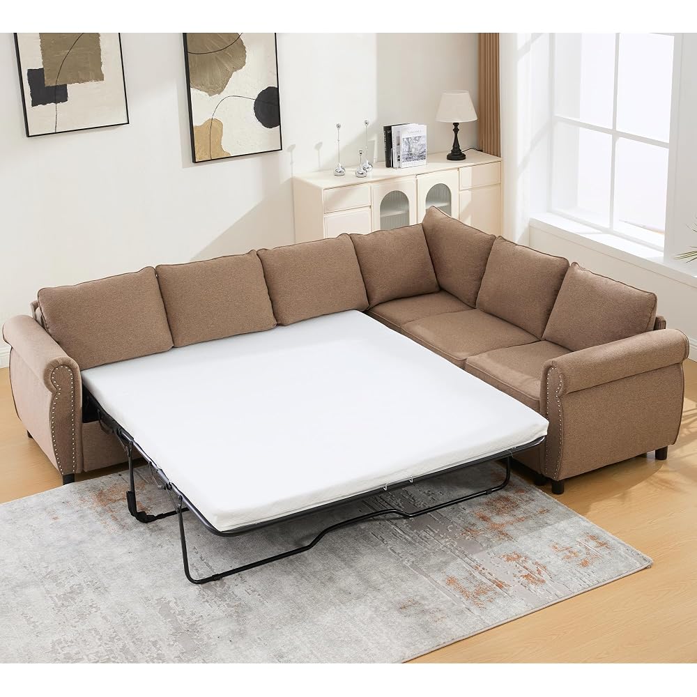 104'' Pull Out Couch, Convertible Sleeper Sofa Bed Queen, Upholstered Sectional Sofa with Mattress, 6-Seater L-Shaped Couch, Modern Sectional Couches for Living Room, Apartment, Studio,Brown